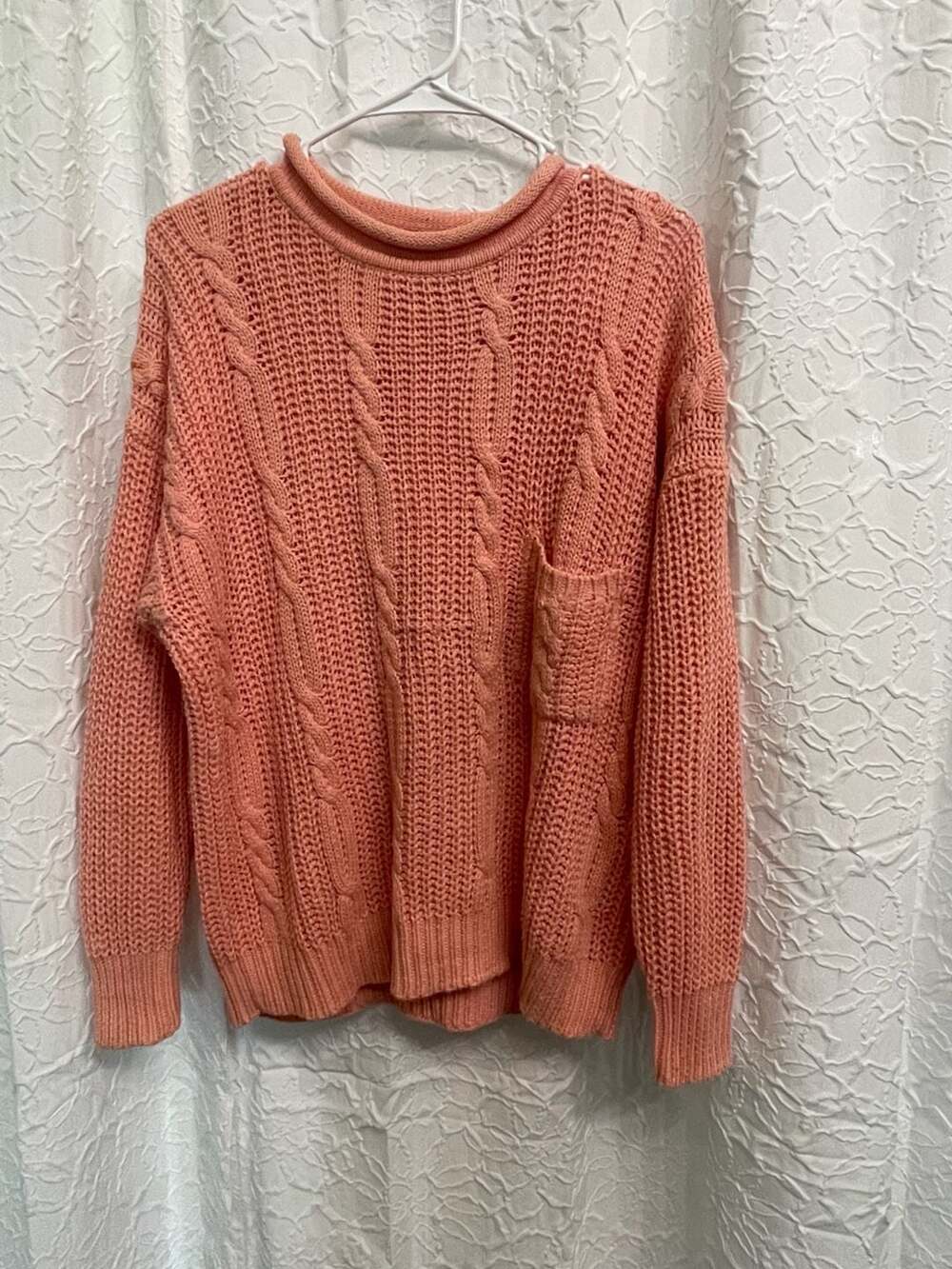 Vintage Forenza Chunky Cable-Knit Sweater Size XS Coral Pocket
